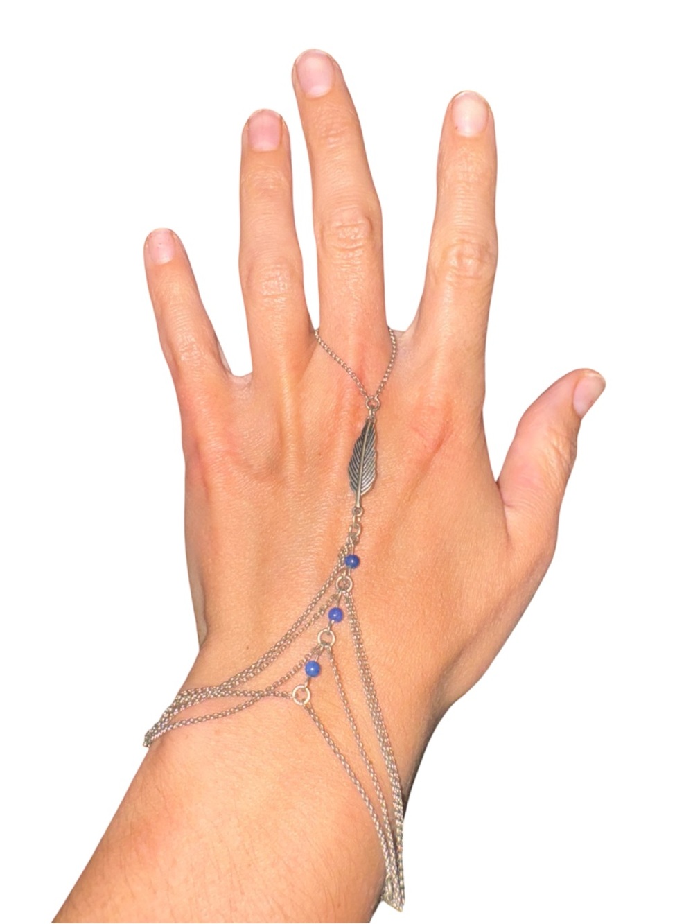 Silver Leaf Hand Chain Bracelet with Blue Beads
